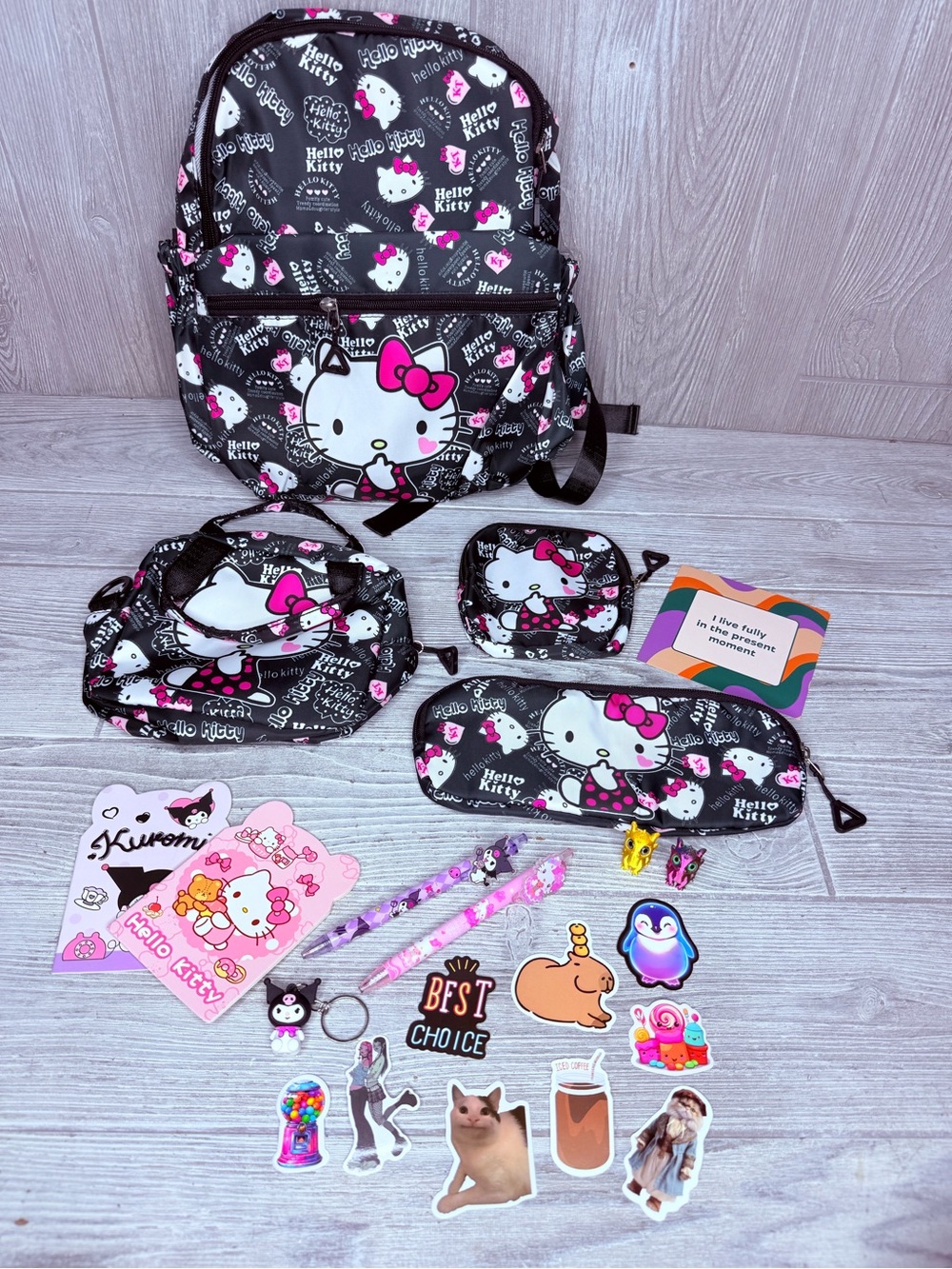 hello kitty backpack bundle stickers , keychain , pens / paper , pencil pouch